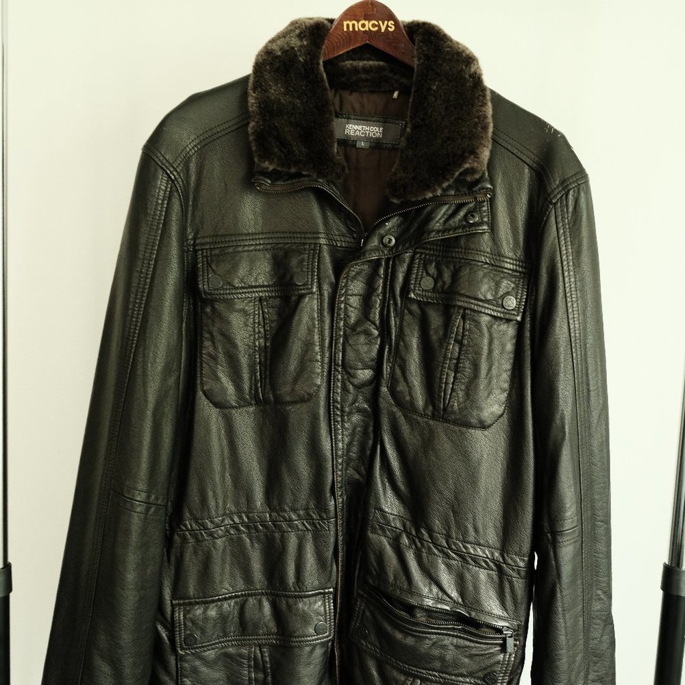 Black Leather Jacket Removable Faux Fur Collar